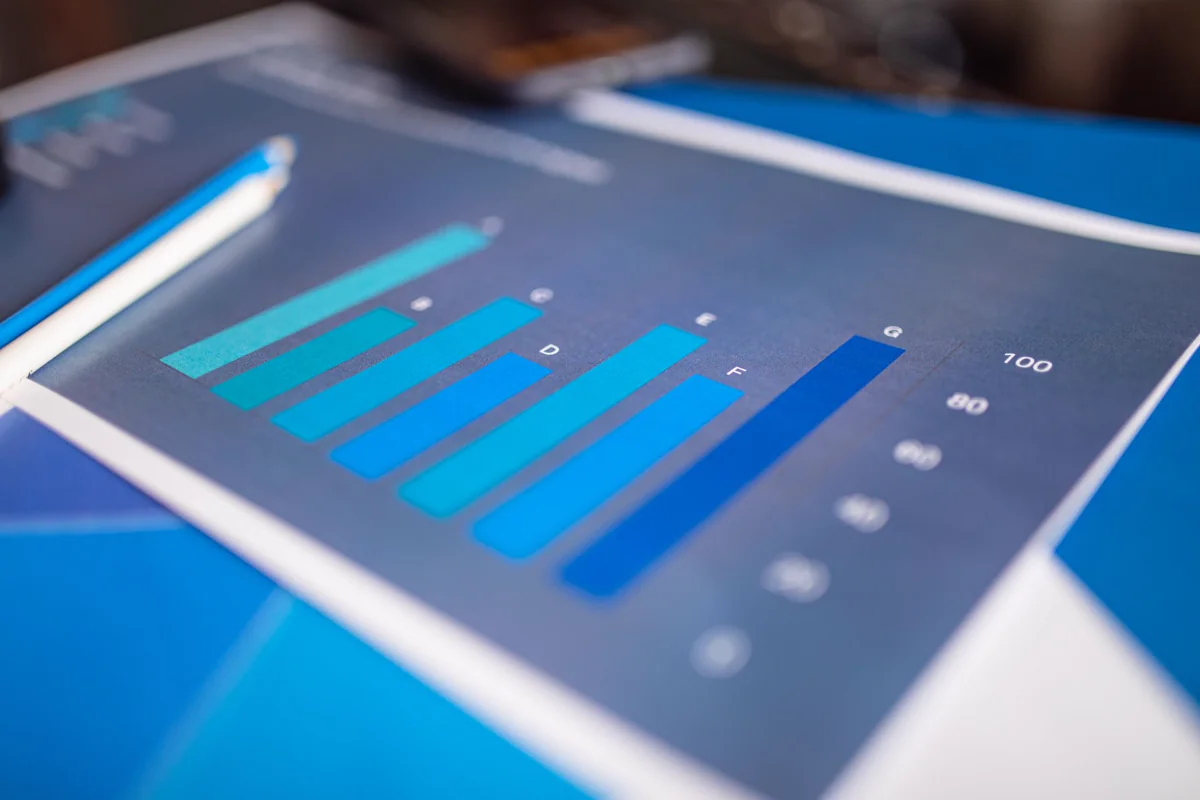 Close-up of a printed bar-graph data analysis chart